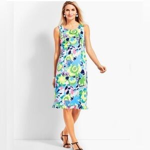 Talbots Island Floral Sateen Sheath Dress Bright Colorful Ruffle Hem Cotton